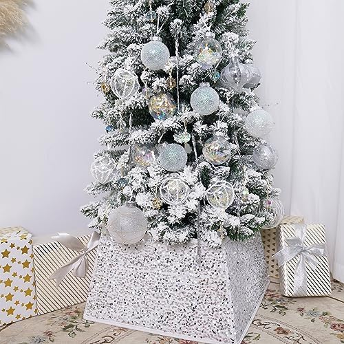 White Christmas Tree Collars for Atificial Trees, 24 Inch Sparkling Sequins Christmas Skirt, Base Cover,Holiday Home Decor Ring(Medium) - Image 6