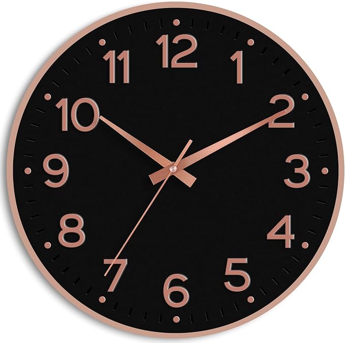 Wall Clock 10 Inch Silent Wall Clocks Battery Operated-Modern Non Ticking Analog Clock Decorative for Kitchen Bedroom Office (Black Rose Gold)