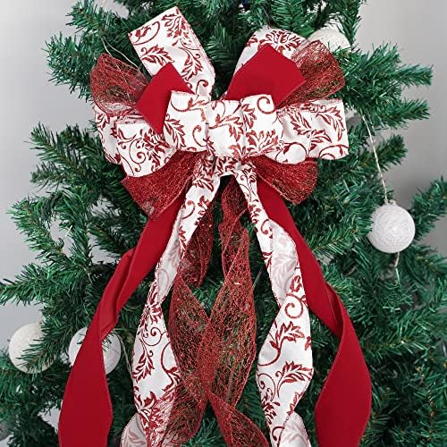 MEEDEE Red Bows Christmas Decorations Large Red Christmas Bow 12" Wide Red Velvet Christmas Bows Red and White Christmas Tree Topper Red Christmas Bows Red Bows for Christmas Tree (1 Pack) - Image 6
