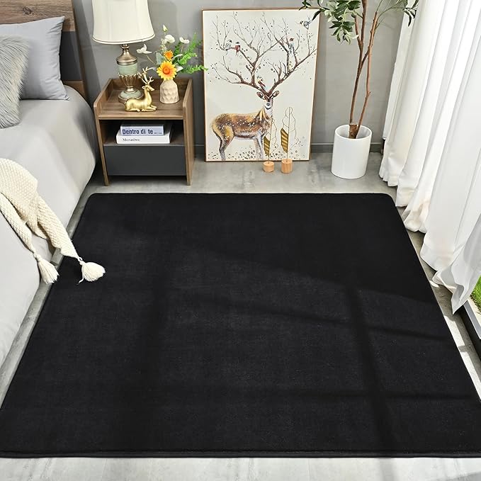 Amearea 5x5 Square Area Rugs for Bedroom Living Room, Modern Black Thickened Memory Foam Rug, Fluffy Indoor Washable Rugs Non Slip Minimalist Carpet for Kids Boys Girls Dorm Nursery Room Decor