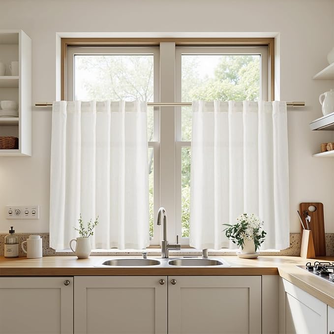 Nanspring Beige White Linen Curtains 36 Inch Length for Kitchen Window Cafe Curtain Privacy Semi Sheer Front Door Small Window Curtain Back Tab Rod Pocket for Bathroom Basement 26 X 36, 2 Panels
