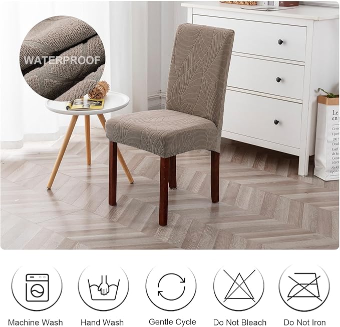 Genina Waterproof Chair Covers for Dining Room, Stretch Jacquard Dining Chair Slipcovers Removable Washable Chair Protector for Kitchen, Hotel, Restaurant (Leaves-Taupe, 6 PCS)