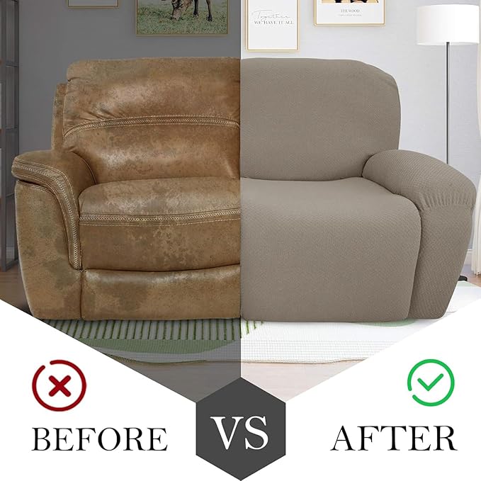 JIVINER 6-Piece Loveseat Recliner Slipcover Stretch Jacquard Recliner Sofa Cover 2 Seater Washable Reclining Couch Cover with Pocket Fitted Furniture Protector Cover (Loveseat Recliner, Khaki)