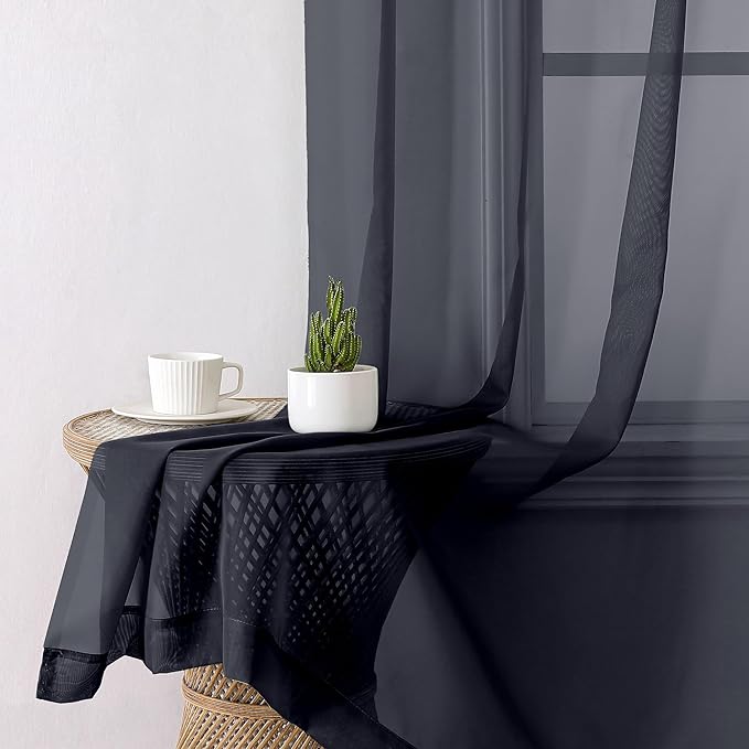 Lecloud Black Sheer Curtains 50 Inch Length 2 Pcs, Light Filtering Bedroom Curtains for Living Room Window Treatments, Rod Pockets Voile Drapes for Bathroom Basement, Each Panel 42" W x 50" L