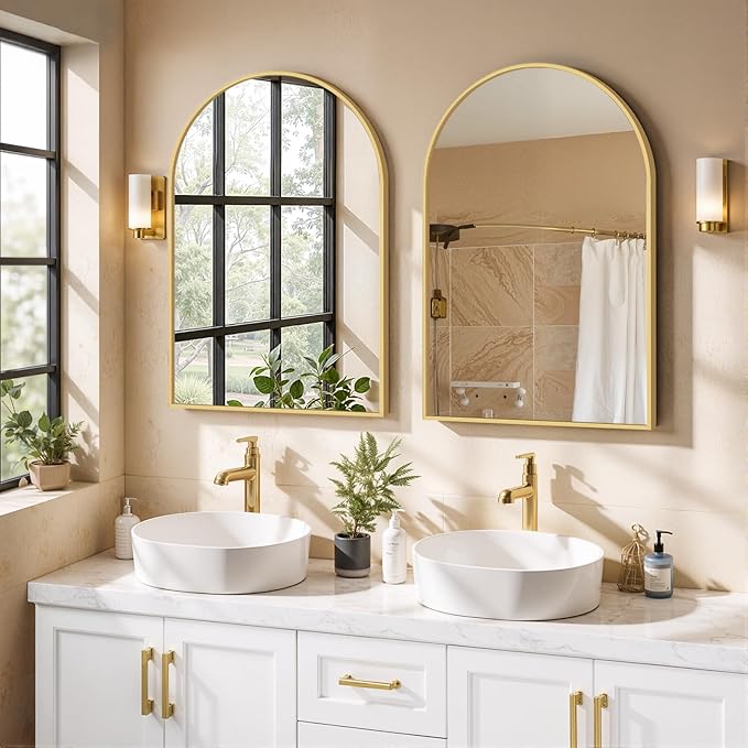Arched Wall Mirror 38x26 Inch Gold Bathroom Vanity Mirror with Metal Frame, Modern Arch Mirror for Bedroom, Living Room, Entryway, Wall Mounted Decorative Mirror