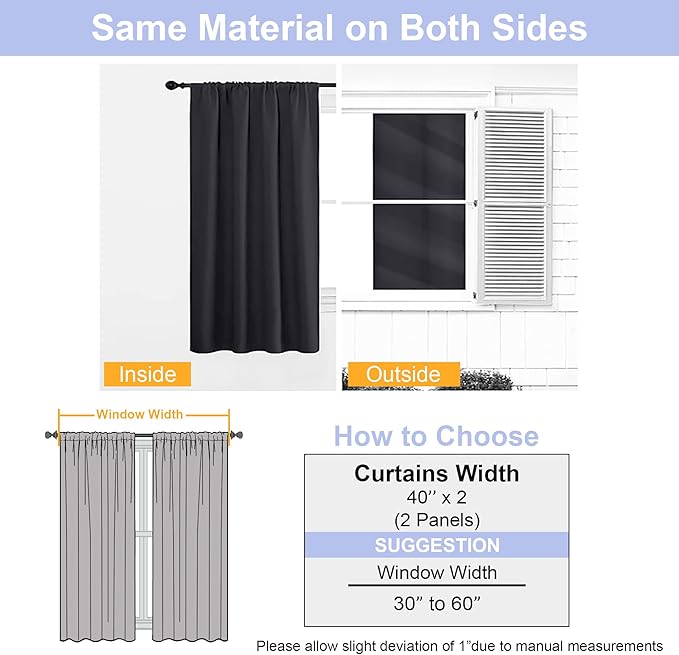 Simplebrand Ava Halloween Black Short 36 Inches Blackout Curtain 2 Panels Set, Half Window Rod Pocket Privacy Curtain Tiers for Kitchen, Curtains Blackout for Bathroom Shades, W40 x L36 Inch, Black