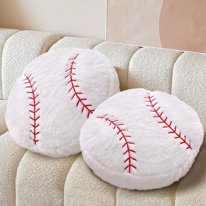 Baseball Pillow, Soft Fluffy Baseball Plush Pillow Round Stuffed Sports Throw Pillows, Baseball Shaped Decorative Throw Pillow for Sofa, Bedroom, Sports Room, Home Decor Gifts 15.7"