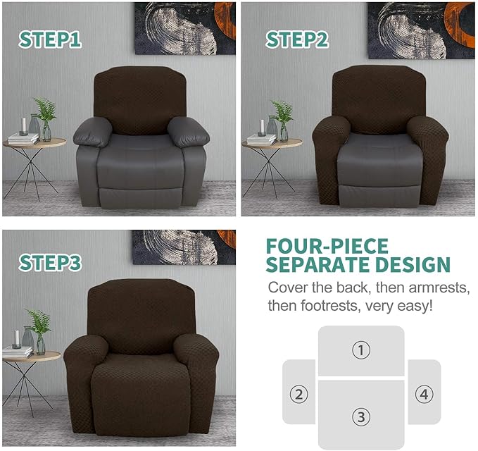 YEMYHOM 4 Pieces Oversized Stretch Recliner Slipcover Jacquard Large Recliner Chair Cover with Side Pocket Anti-Slip Fitted Furniture Protector with Elastic Bottom (X-Large Recliner, Dark Coffee)