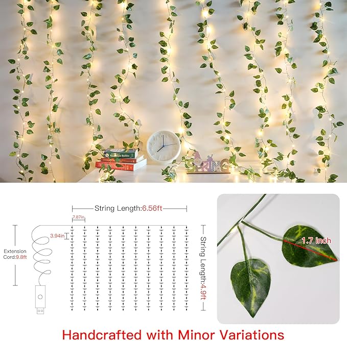 suddus Vines with Lights for Bedroom, 150 LED Fairy Lights with Vines, Pothos Curtain Lights for Bedroom, Dorm, Wedding, Party, Wall, Indoor, Outdoor Decor, 6.5ft x 4.9ft
