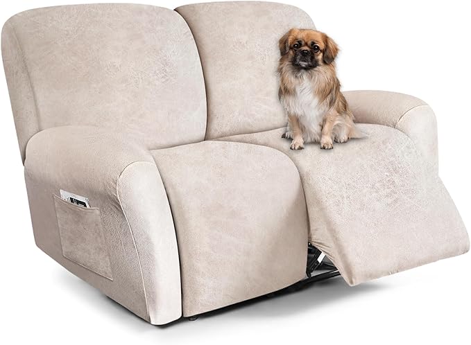 ANARACHON Loveseat Recliner Cover Leather Look Recliner Loveseat Covers Recliner Sofa Cover for 2 Seater Reclining Couch Spandex Fabric Washable 6 Pieces (2 Seater, 02 Beige)