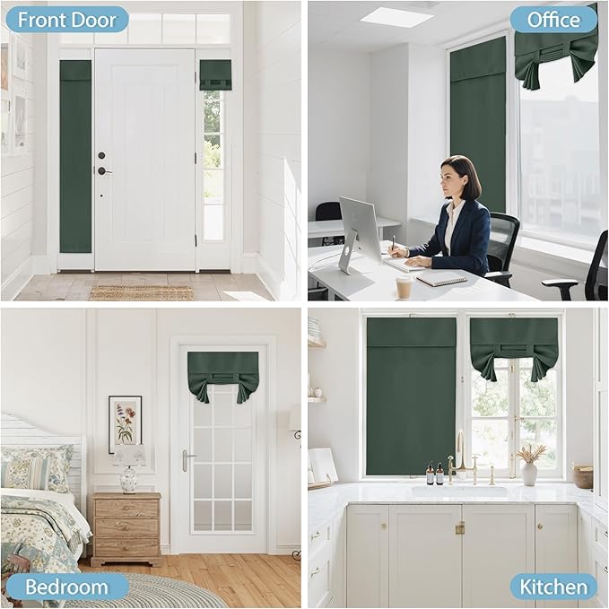 RYB HOME Blackout French Door Curtain - Privacy Thermal Insulated Window Shades for Patio Kitchen Front Entry Back Door Glass Window, Self Adhesive No Drill, 1 Panel, 26" W x 72" L, Dark Green