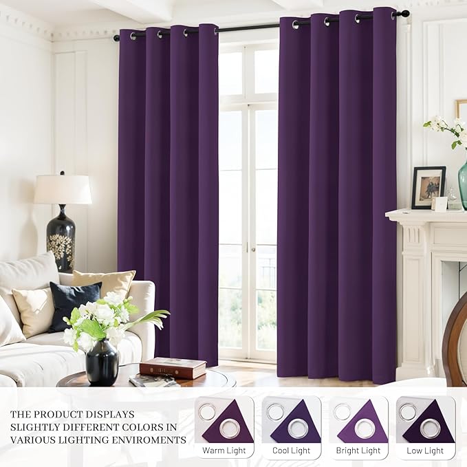 Yakamok Room Darkening 100% Blackout Curtains Grommet Window Treatments with 2 Thick Layers-Purple Thermal Insulated Drapes Set of 2 Panels for Bedroom Living Room 38 Inches by 72 Inches Length