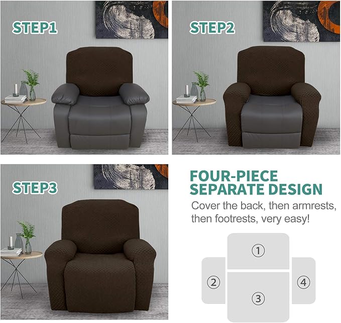 YEMYHOM 4 Pieces Stretch Recliner Slipcover Latest Jacquard Recliner Chair Cover with Side Pocket Anti-Slip Fitted Recliner Cover Couch Furniture Protector with Elastic Bottom (Recliner, Dark Coffee)
