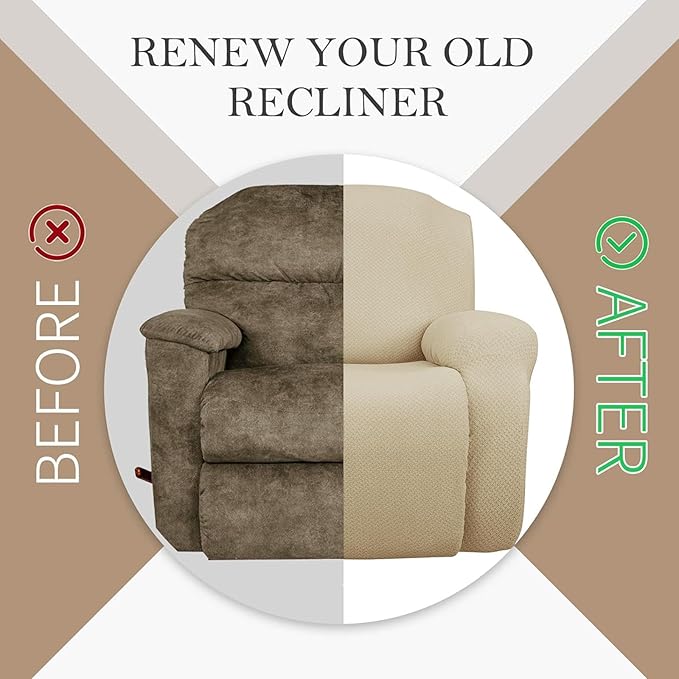 JIVINER 4-Piece Recliner Chair Covers Stretch Jacquard Covers for Reclining Chair Recliner Slipcovers for Living Room Soft Recliner Protector with Pocket (Recliner, Light Beige)