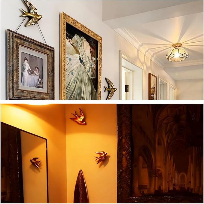 Mrxxjz Vintage Bird Wall Sculptures - 3D Swallow Set of 2 | Antique Brass Finish Ceramic Wall Art Decor, Handcrafted 3D Figurines for Living Room, Bedroom, Entryway as Hanging Ornaments
