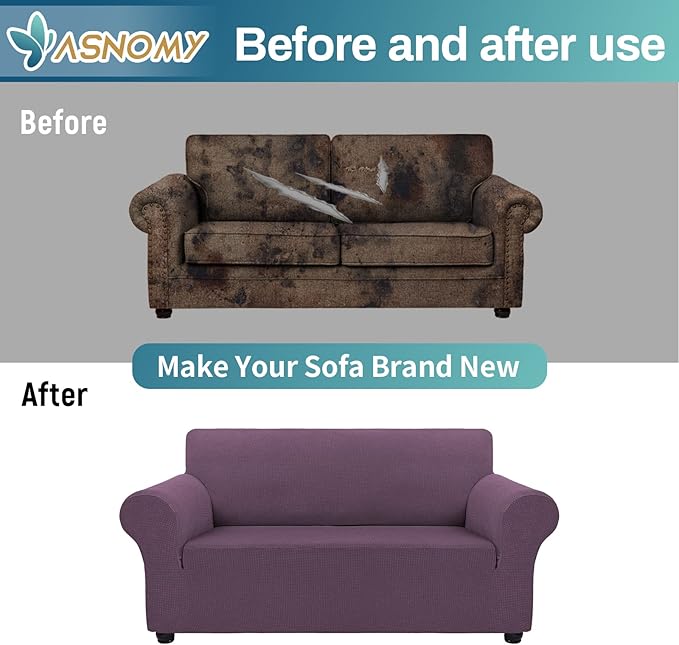 Asnomy Sofa Covers for 2 Cushion Couch Stretch loveseat Covers Slipcovers, Pet Protector Furniture Covers for Dogs Cats Spandex Jacquard Fabric Small Checks (Medium,Gray Purple)