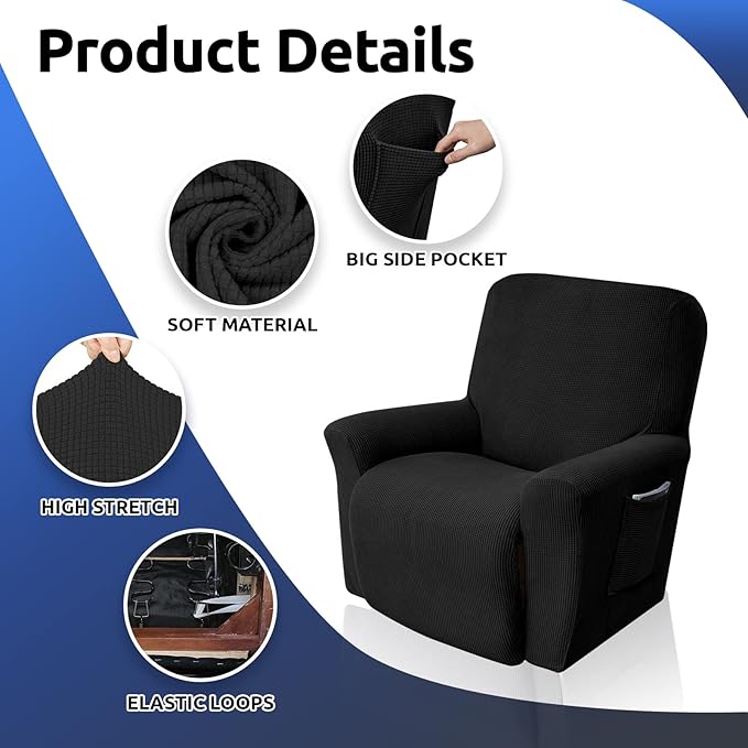 KEKUOU Recliner Chair Covers Lazy Boy Recliner Covers Stretch Couch Cover Slipcovers 1 Piece Furniture Protector with Elastic Bottom for Dog,Kids.(One Size, Black)