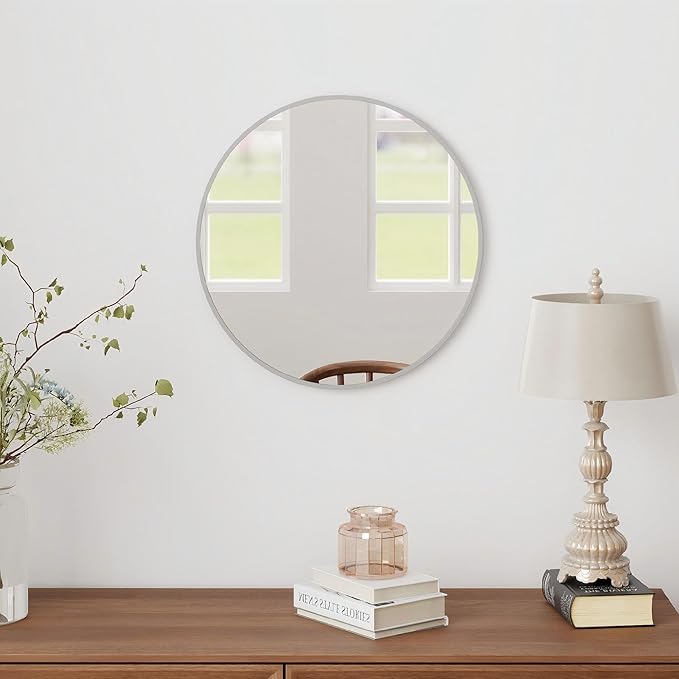 SCWF-GZ 20" Round Mirror Circle Wall Mounted Hanging or Against Wall Metal Frame Dressing Make-up Mirrors for Entryway Bedroom Bathroom Living Room 20 inch Silver