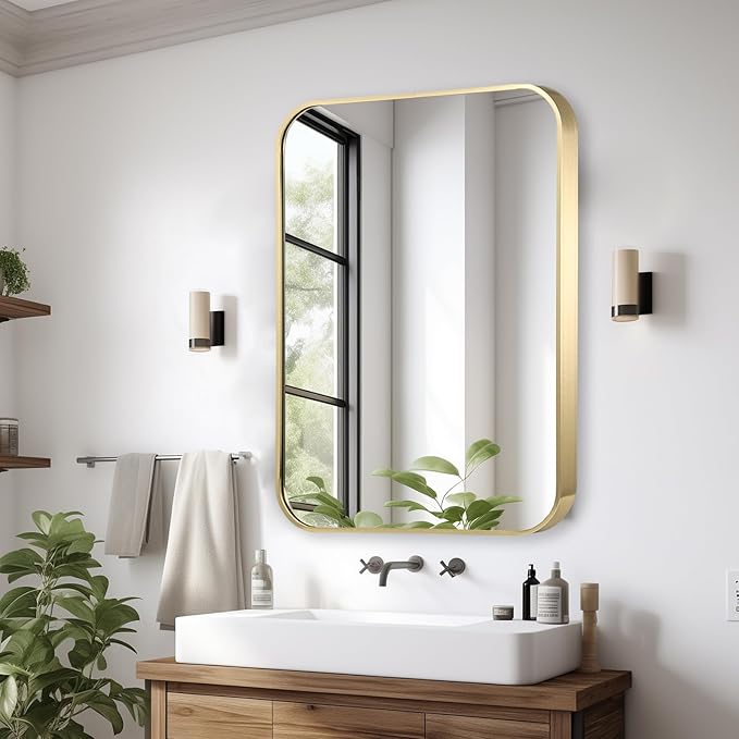 20x30 Inch Gold Bathroom Mirror, Brushed Gold Metal Framed Rectangular Mirror with Rounded Corner, Bathroom Vanity Mirror for Bedroom or Living Room, Horizontal/Vertical