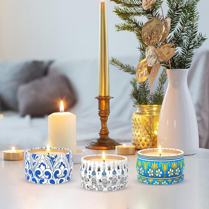 Scented Candles Gift Set, 3-Pack 2.5oz Soy Wax Candles – Amber Musk, Lemon, Lavender Scents – Portable Travel Tin Candle, Smokeless and Hand-Poured for Home, Yoga, Meditation and Gifts