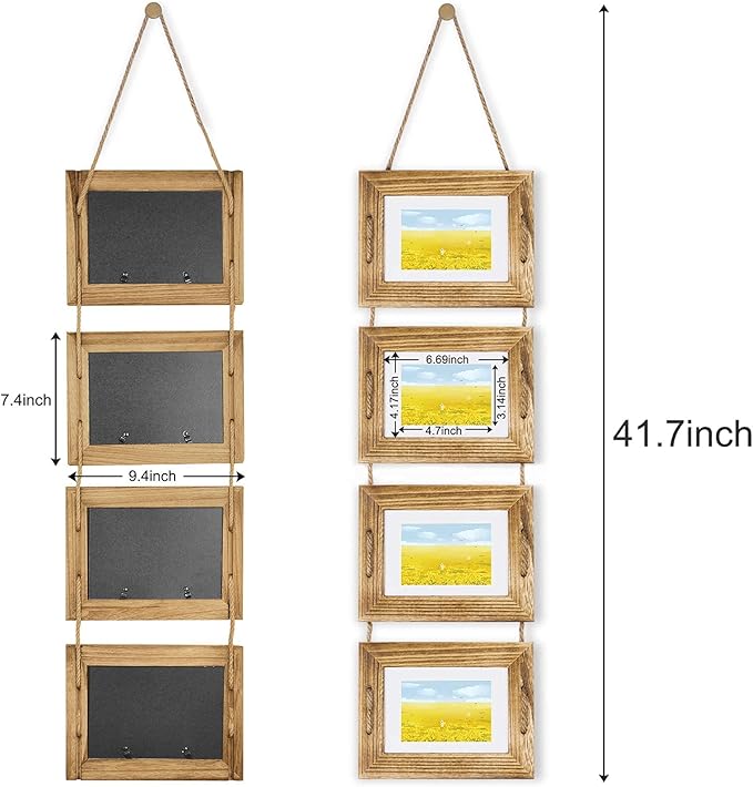 DLQuarts 5x7 Hanging Collage Picture Frames Wall Decor, 4-Opening 5x7 Matted to 3.5x5 Photo Rustic Wood Frame with Hemp Rope, 2 Pack, Carbonized Brown