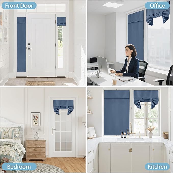 RYB HOME Blackout Door Curtain - Privacy Thermal Insulated Front/Tricia/Patio French Door Window Curtains Sidelight Curtain Tie up Shade, W34 x L40 inch, 1 Panel, Stone Blue