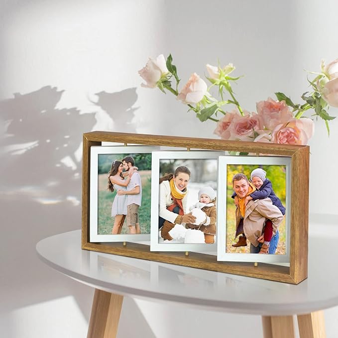 ZEEYUAN 4x6 Rotating Picture Frame Desktop Rustic 4x6in Wooden Photo Frames, Double Side-Display 6 Photos, Floating 4x6 Collage Family PictureFrame for Tabletop Display