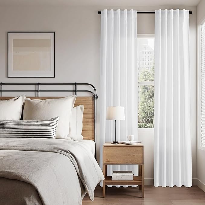 Nanspring White Linen Curtains 80 Inch Length for Living Room Doorway Back Tab and Rod Pocket Light Filtering Curtains Modern Farmhouse for Bedroom Office 34 x 80 Inch, 2 Panels