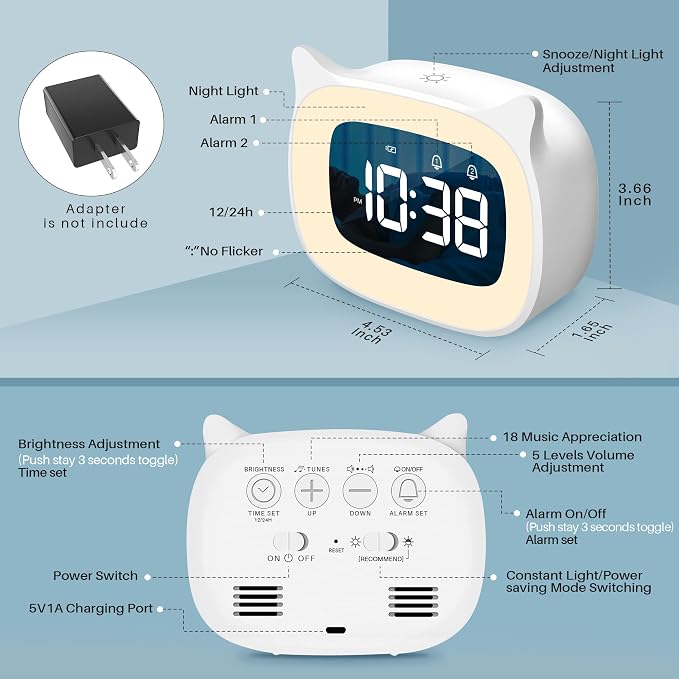Cute Cat Ear Alarm Clock with Night Light for Bedroom,White - Image 7