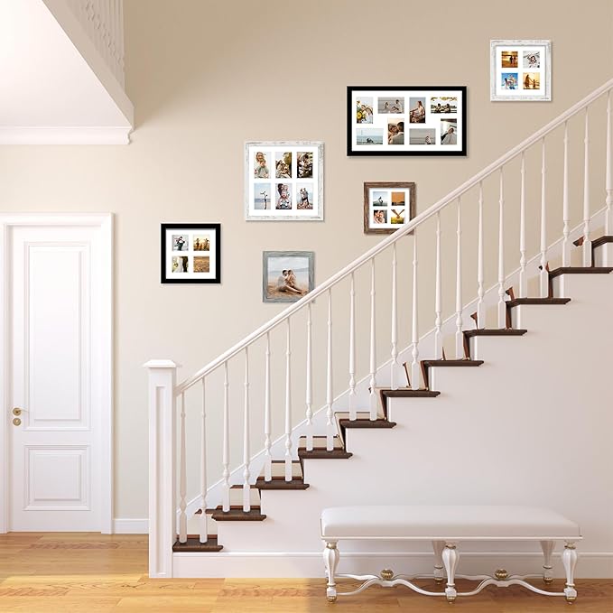 14x14 Picture Frame Set of 2, Distressed White with Glass Collage Frame, Display Photo Six Opening 4x6 With Mat or 14 x 14 Without Mat - Horizontal or Vertical Wall Mounting