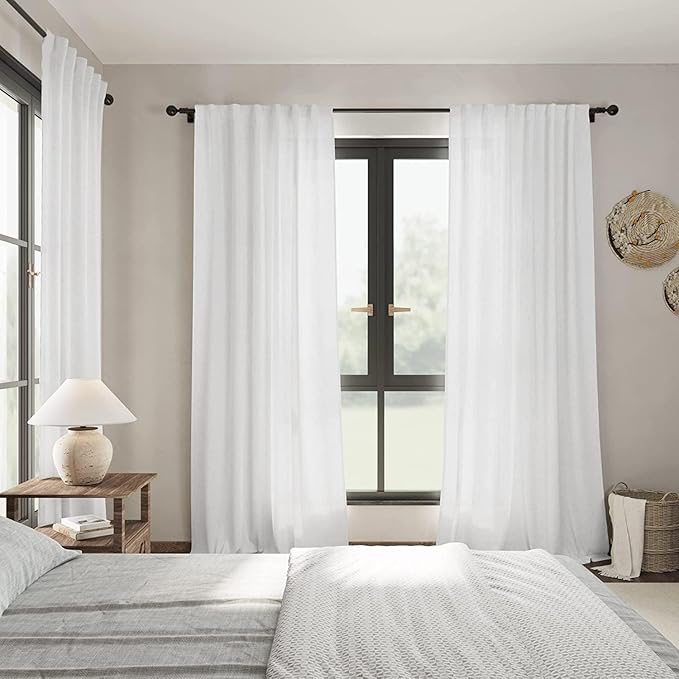 Nanspring White Linen Curtains 104 Inches Long for Living Room Extra Long Back Tab Curtains 2 Panels Set Farmhouse Light Filtering Semi Sheer Linen Drapes Ceiling to Floor for Large Window 52x104