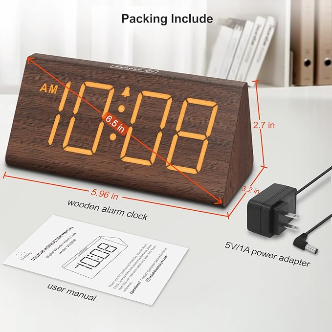 DreamSky Wooden Digital Alarm Clocks for Bedrooms - Electric Desk Clock with Large Numbers, USB Port, Loud Alarm for Heavy Sleepers, Adjustable Volume, Dimmer, Snooze, DST, Wood D??cor, Adapter Powered