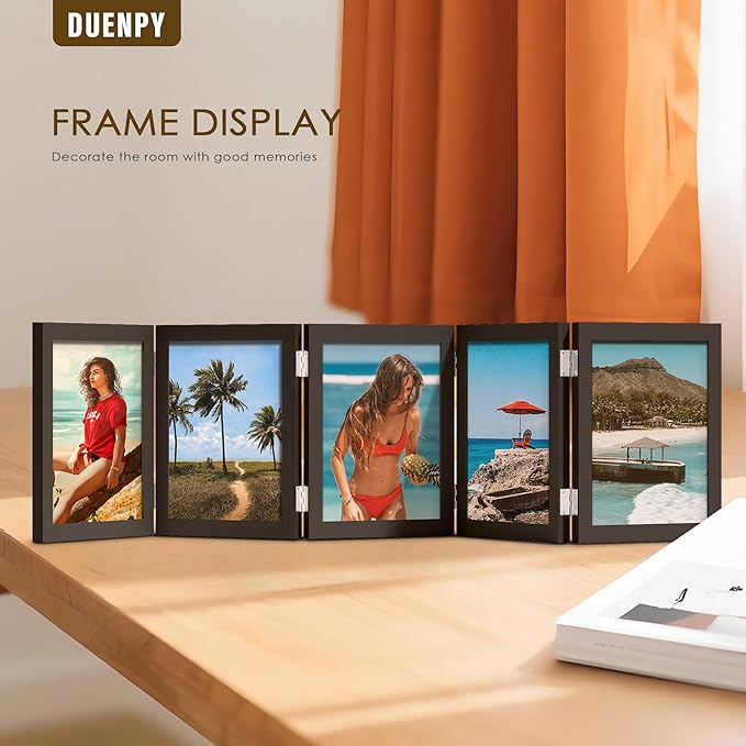 5 Folding 5x7 Picture Frame Horizontal Engineered Wood Accordion Photo Frame with Plexiglass Tabletop Bookshelf Display Black