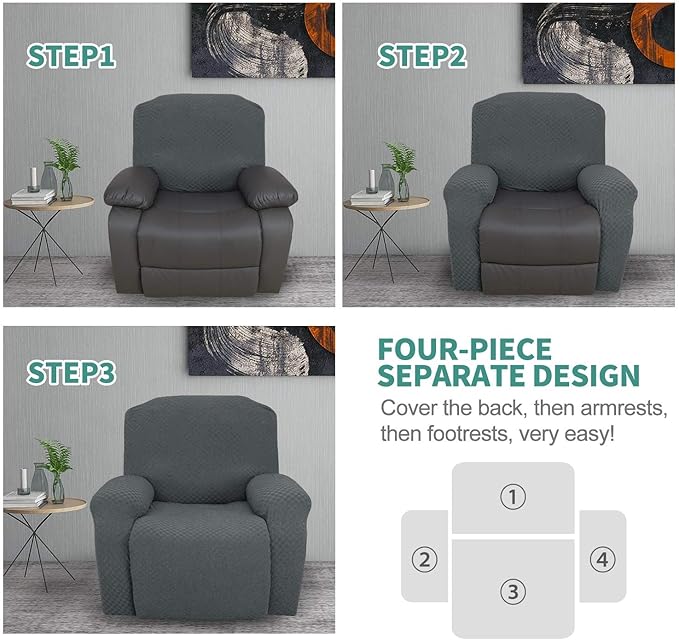 YEMYHOM 4 Pieces Oversized Stretch Recliner Slipcover Latest Jacquard Large Recliner Chair Cover with Side Pocket Anti-Slip Fitted Furniture Protector with Elastic Bottom (X-Large Recliner, Dark Gray)