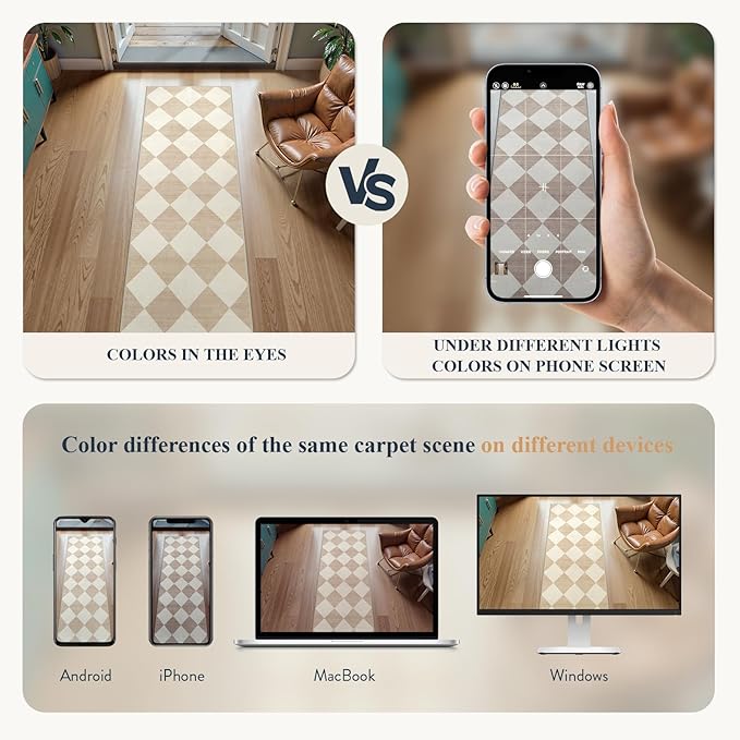 Beeiva Checkered Print 3x5 Washable Area Rug for Bedroom, Non Slip Ultra Thin Beige Entryway Rug Non Shedding Kitchen Rug 3x5, Modern Checkerboard Carpet Plaid Decor for Bathroom Office Nursery