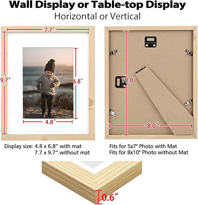 KINLINK 8x10 Picture Frame Wood Grain Set of 6, Wooden Photo Frame Matted 5x7 with Plexiglass for 5x7 with Mat or 8x10 without Mat for Table and Wall Display