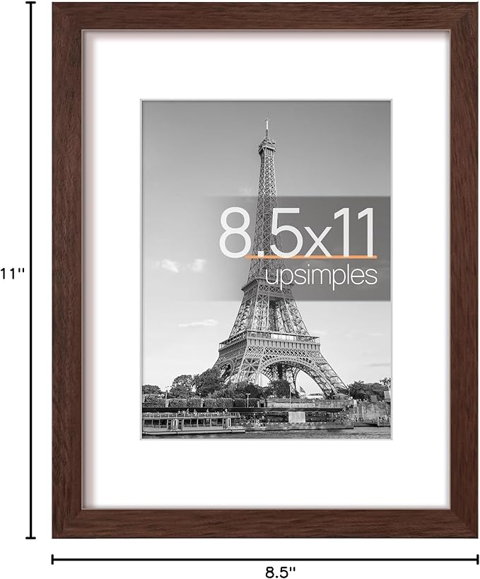 upsimples 8.5x11 Picture Frame, Display Pictures 6x8 with Mat or 8.5x11 Without Mat, Wall Hanging Photo Frame, Brown, 1 Pack