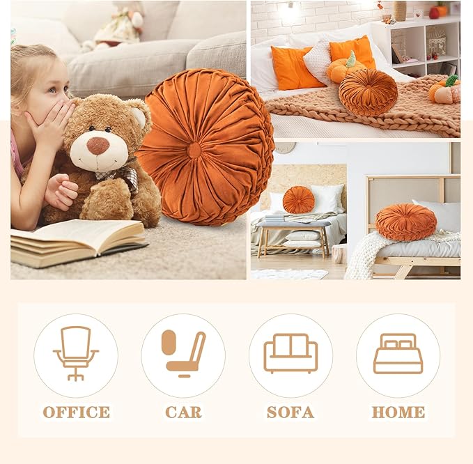 Drydiet 1 Pcs Round Throw Velvet Pillows Decorative Pleated Throw Pillows 15'' Diameter Accent Pumpkin Boho Chair Cushion for Couch Sofa Home Decoration (Brunt Orange)