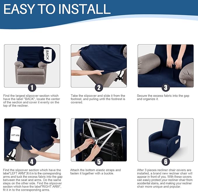 YEMYHOM 3 Pieces Stretch Recliner Slipcover Latest Jacquard Small Recliner Chair Cover with Side Pocket Anti-Slip Fitted Furniture Protector with Elastic Bottom (X-Small Recliner, Dark Gray)
