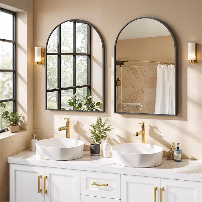 Arched Wall Mirror 38x26 Inch Black Bathroom Vanity Mirror with Metal Frame, Modern Arch Mirror for Bedroom, Living Room, Entryway, Wall Mounted Decorative Mirror