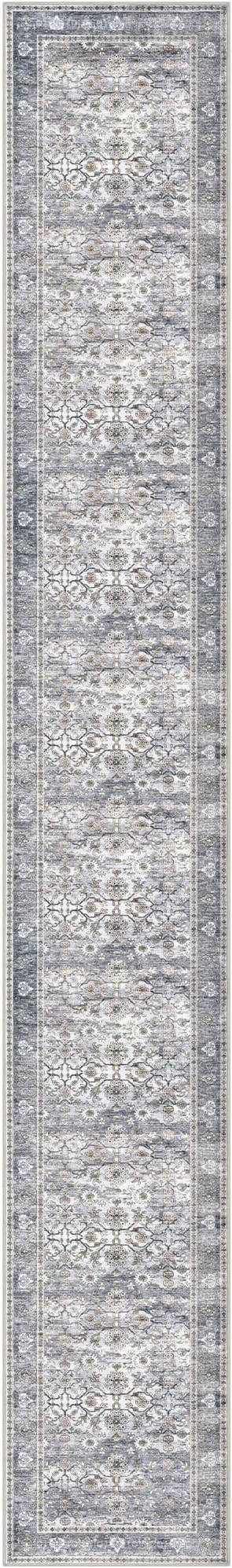 KUTA Vintage Washable Long Runner Rug, 2.6x18 Grey Blue Runners for Hallways Non-Slip Kitchen Rugs Ultra Thin Soft Printed Distressed Floral Floor Carpet for Laundry Bedroom Living Room Nursery