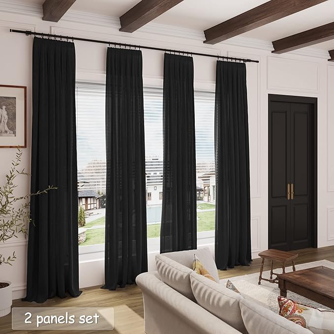 Black Linen Blend Drapes 84 Inch Length 2 Panels Set Back Tab Rod Pocket Light Filtering Privacy Semi Sheer Textured Vertical Curtains Boho Farmhouse Decor Curtains for Living Room Bedroom 40x84