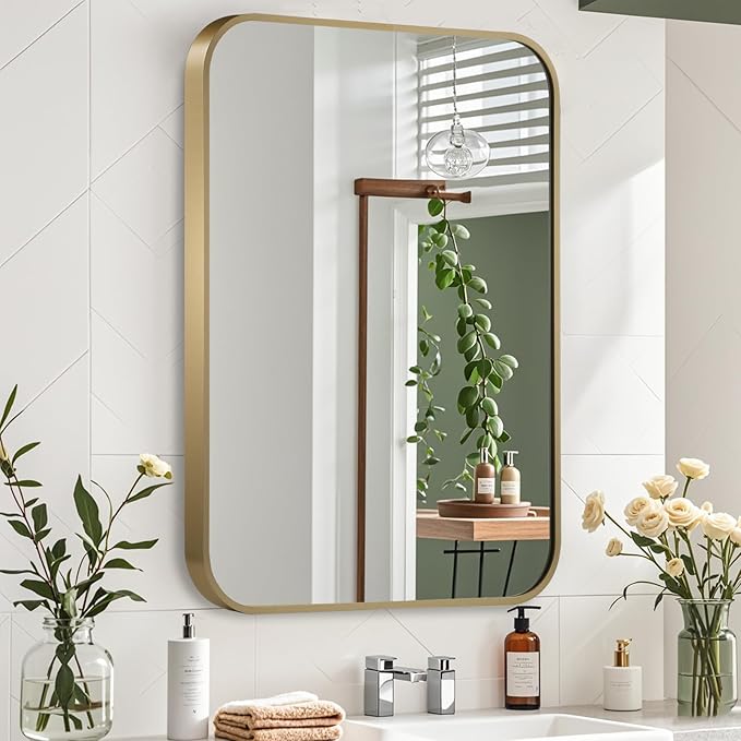 Gold Mirror, 40x30 Inch Framed Rectangle Mirror with Rounded Corner, Brushed Brass Mirror, Gold Bathroom Mirror for Over Sink, Vanity, Living Room, Bedroom, Horizontal/Vertical