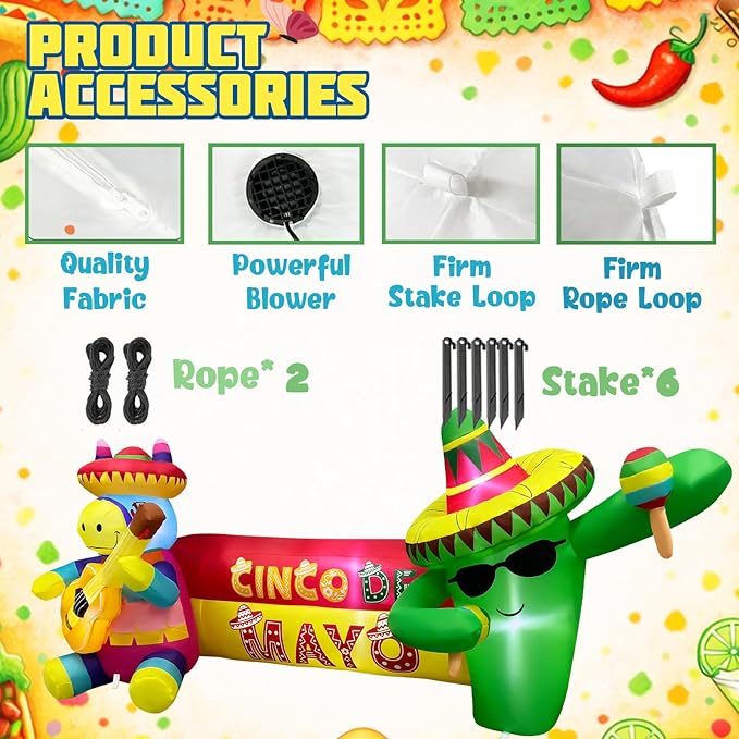 6.5FT Long Cinco De Mayo Inflatables Outdoor Decorations, Guitar Donkey & Maraca Cactus, Mexican Fiesta Blow Up Yard Decor for May 5 Taco Party, Lawn Garden Indoor Outdoor