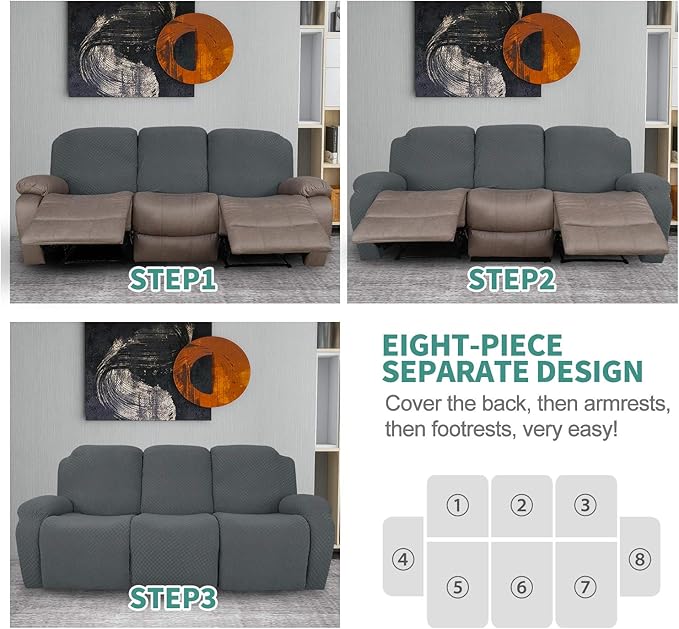 YEMYHOM 8 Pieces Stretch Recliner Sofa Cover Latest Jacquard Reclining Couch Cover with Side Pocket Anti-Slip Fitted 3 Cushion Furniture Slipcovers with Elastic Bottom (Sofa Recliner, Dark Gray)