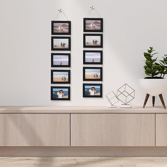 2 Pcs 4x6 Wall Hanging Picture Frames Collage with 10 Openings Picture Frame Collage With Rope - Rustic Black, Casual Style Engineered Wood Frames - Wall Mount Only