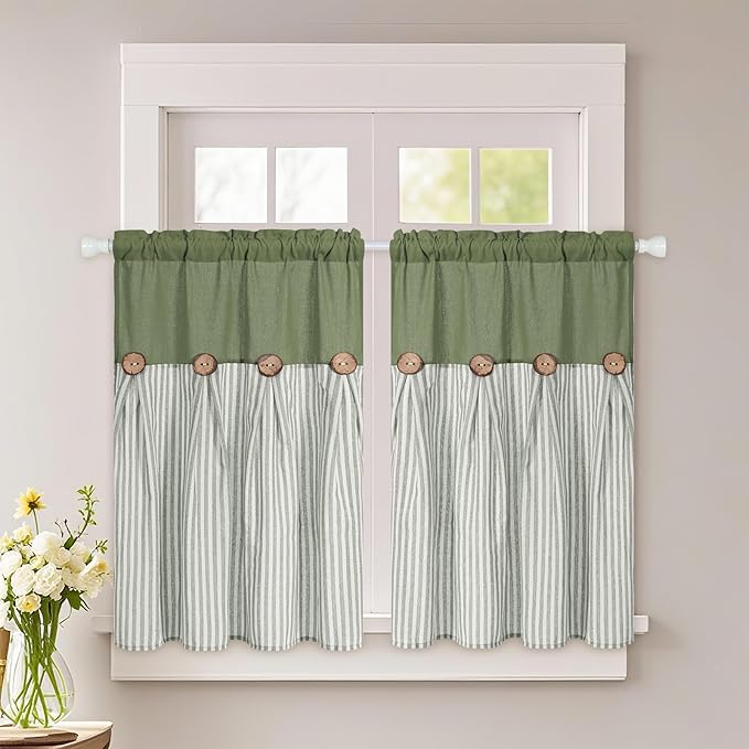 ASPMIZ Boho Linen Kitchen Curtains 36 Inch Length, Farmhouse Kitchen Window Curtain Over Sink, Green Stripe Short Curtains for Small Windows, Bathroom, Rod Pocket Window Treatment Tiers with Button