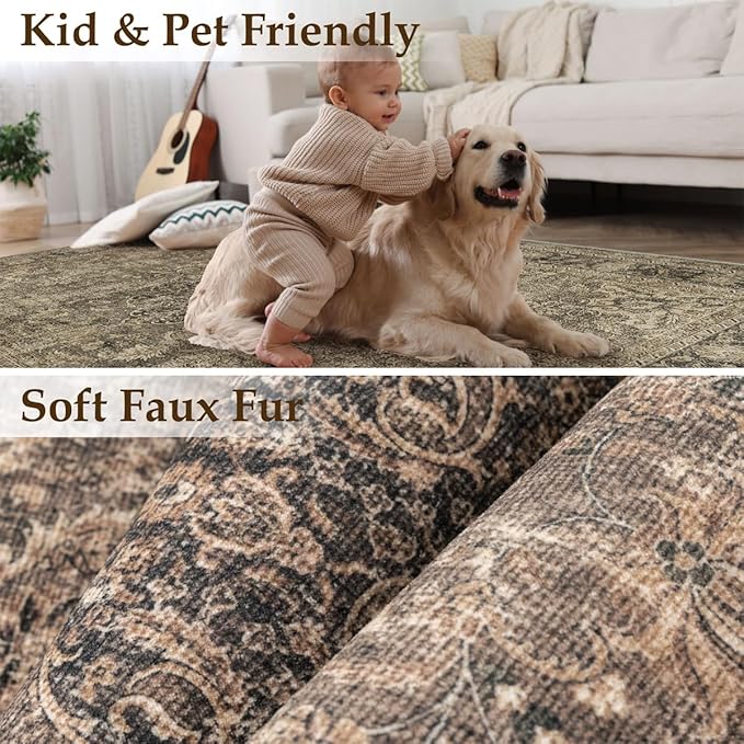 9x12 Washable Area Rug Brown Vintage Non Slip Soft Medium Pile Rug for Living Room Bedroom Dining Room Office Distressed Oriental Indoor Large Throw Carpet for Home Decor