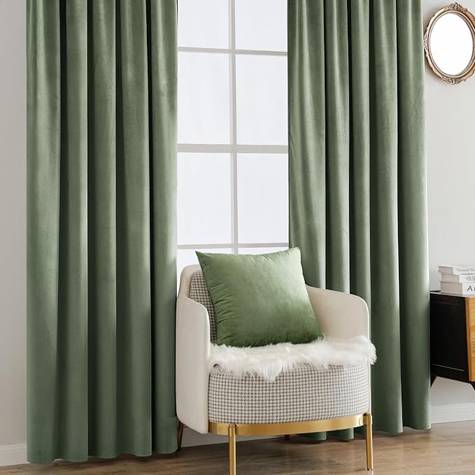 MIULEE Sage Green Velvet Curtains 84 inches - Luxury Blackout Curtains for Bedroom Living Room Thermal Insulated Super Soft Window Drapes Back Tab Rod Pocket, W52 x L84 inches, 2 Panels