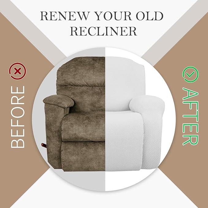 JIVINER 4 Pieces Recliner Chair Covers Stretch Jacquard Covers for Reclining Chair Recliner Slipcovers for Living Room Soft Recliner Protector with Pocket (Recliner, Off White)